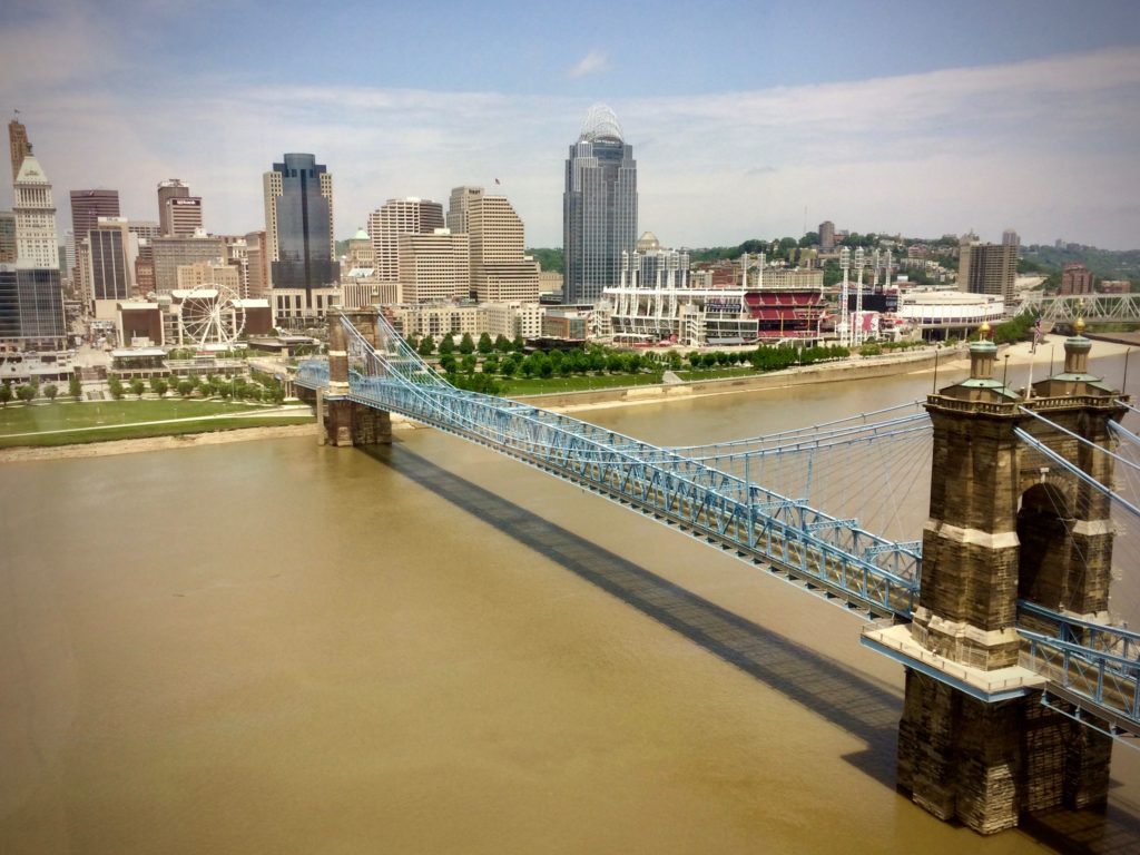 Downtown Cincinnati and the John A. Roebling suspension bridge from Kentucky