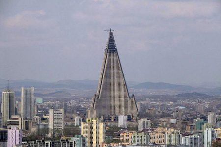The Ryugyong hotel dominates the Pyongyang skyline in North Korea in 2007
