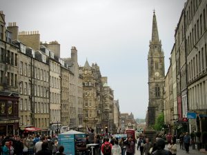 A look down the Royal Mile main drag in the Old Town of Edinburgh
