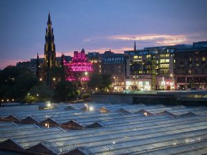 A night view between Old Town and New Town of Edinburgh Waverly, the main railway and bus station