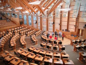 The debating chamber inside the Scottish Parliament Building, said to be more congenial than the Westminster style legislature