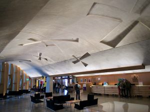 The reception desk and foyer inside the Scottish Parliament Building in Edinburgh