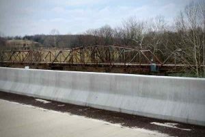 The view of the old Gasconade River bridge from the new I-44 structure near Hazelgreen, Missouri