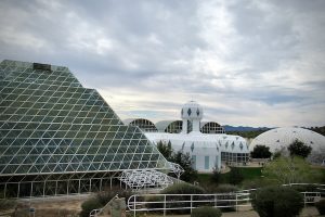 A view outside the living quarters, kitchen, observation tower and rainforest biome at Biosphere 2