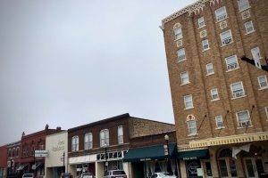 The Walsh hotel towers over Main Street in Chanute, Kansas