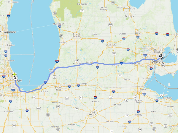 Route from Chicago to Grosse Pointe, Michigan, approximately 4.5 hours by car