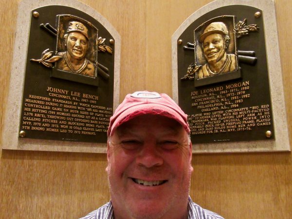 Steven Shundich with Hall of Fame plaques for Johnny Bench and Joe Morgan of the Cincinnati Reds