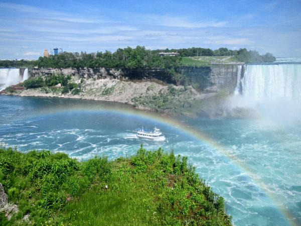 Maid of the Mist USA tour boat arrives near the horseshoe of Niagara Falls