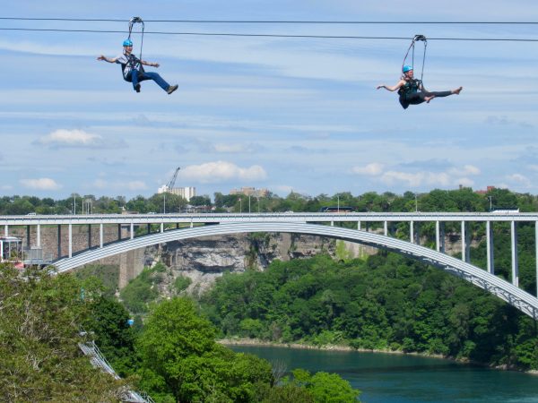 Zip lines high above the Niagara River at Niagara Falls, Ontario