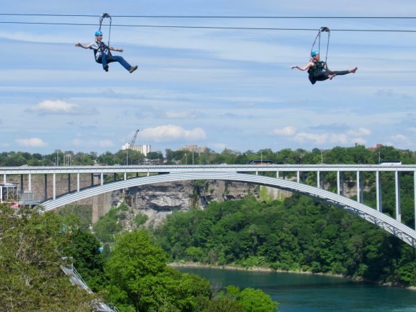 Zip lines high above the Niagara River at Niagara Falls, Ontario
