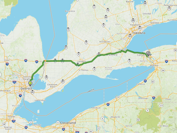 The route from Grosse Pointe, Michigan, to Niagara Falls, Ontario, via Port Huron