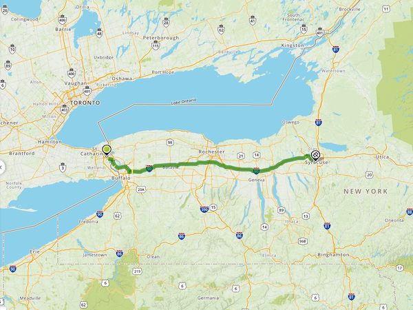 Niagara Falls, Ontario, to Syracuse, New York route
