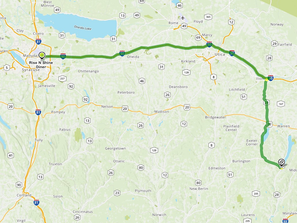 Route from Syracuse to Cooperstown, New York